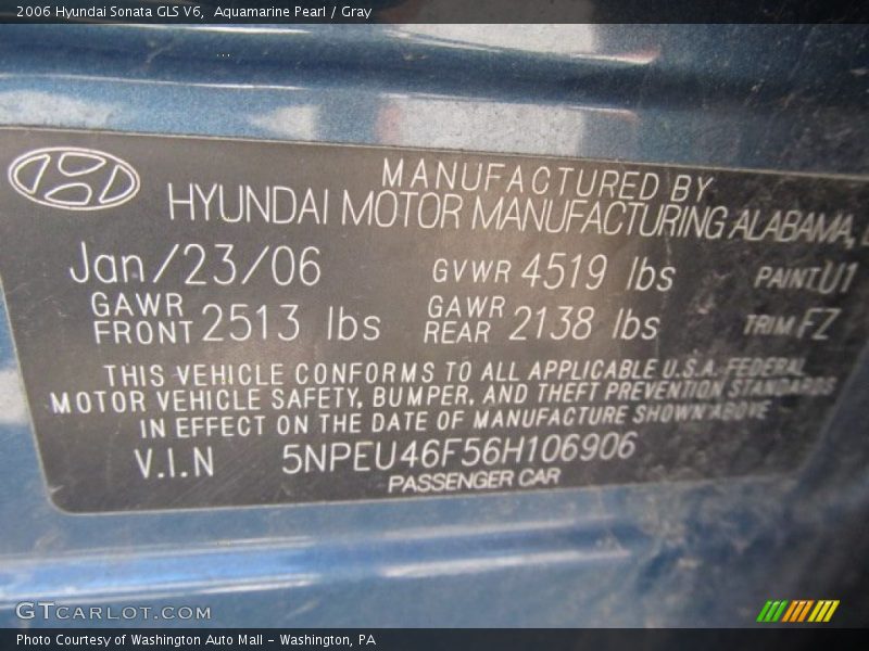 Aquamarine Pearl / Gray 2006 Hyundai Sonata GLS V6