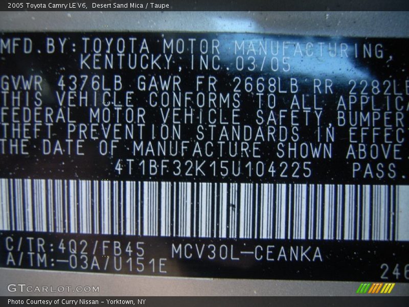 2005 Camry LE V6 Desert Sand Mica Color Code 4Q2
