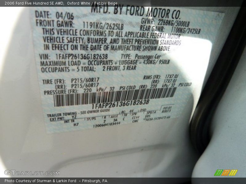 Oxford White / Pebble Beige 2006 Ford Five Hundred SE AWD