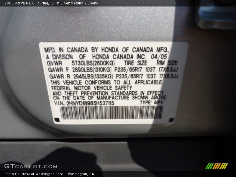 Billet Silver Metallic / Ebony 2005 Acura MDX Touring