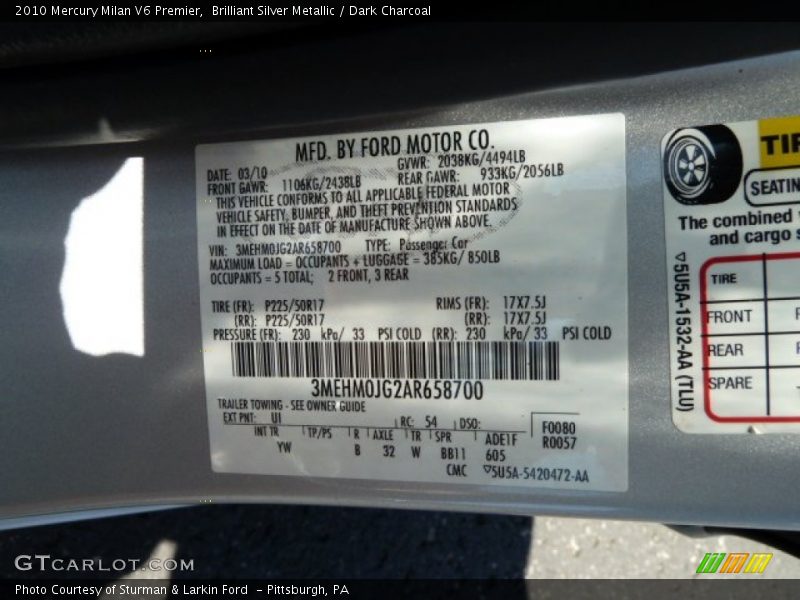 Brilliant Silver Metallic / Dark Charcoal 2010 Mercury Milan V6 Premier