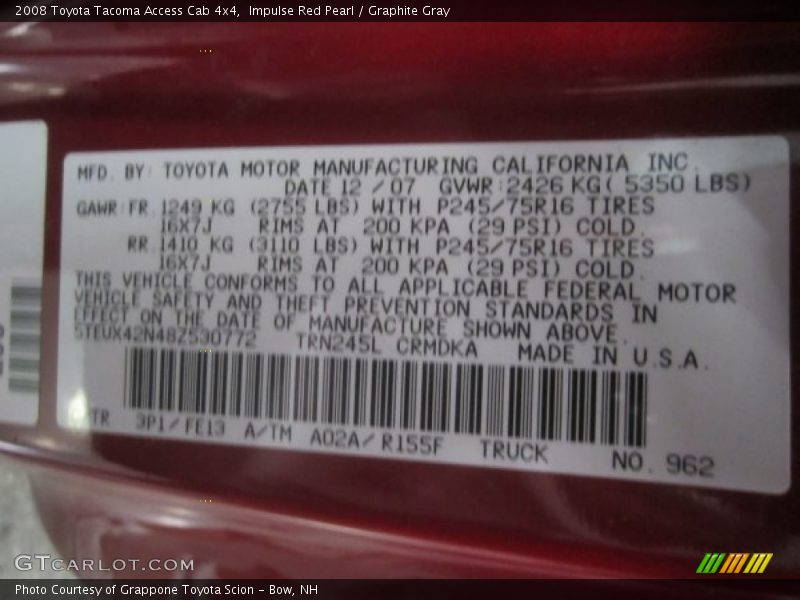 Impulse Red Pearl / Graphite Gray 2008 Toyota Tacoma Access Cab 4x4
