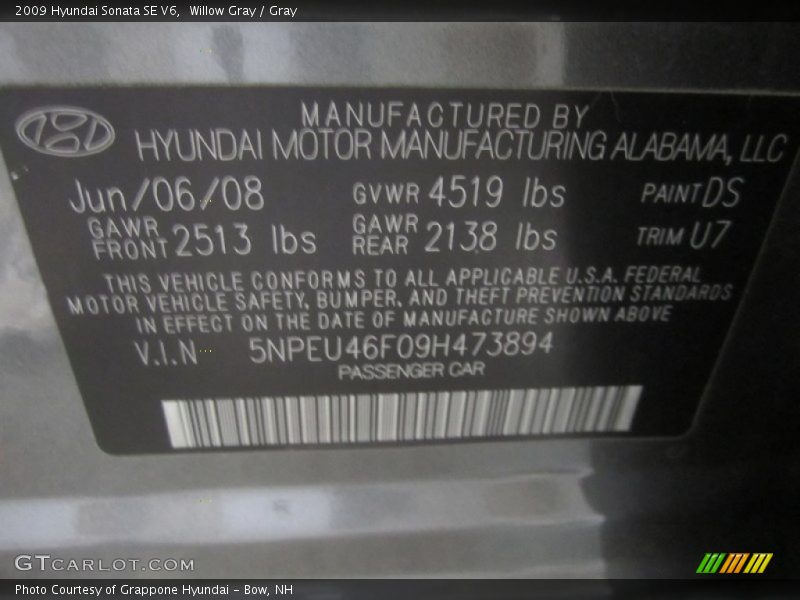 Willow Gray / Gray 2009 Hyundai Sonata SE V6
