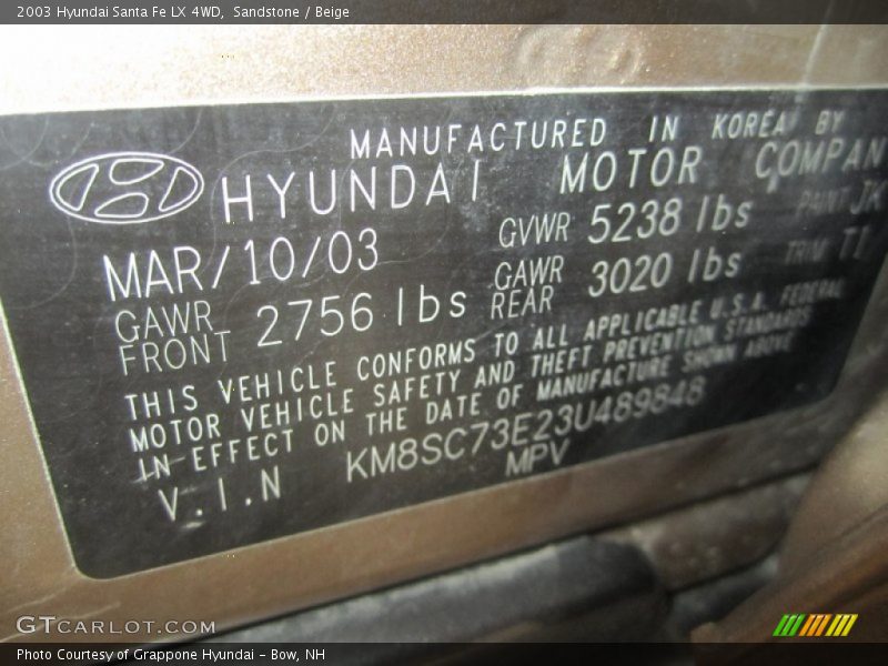 Sandstone / Beige 2003 Hyundai Santa Fe LX 4WD