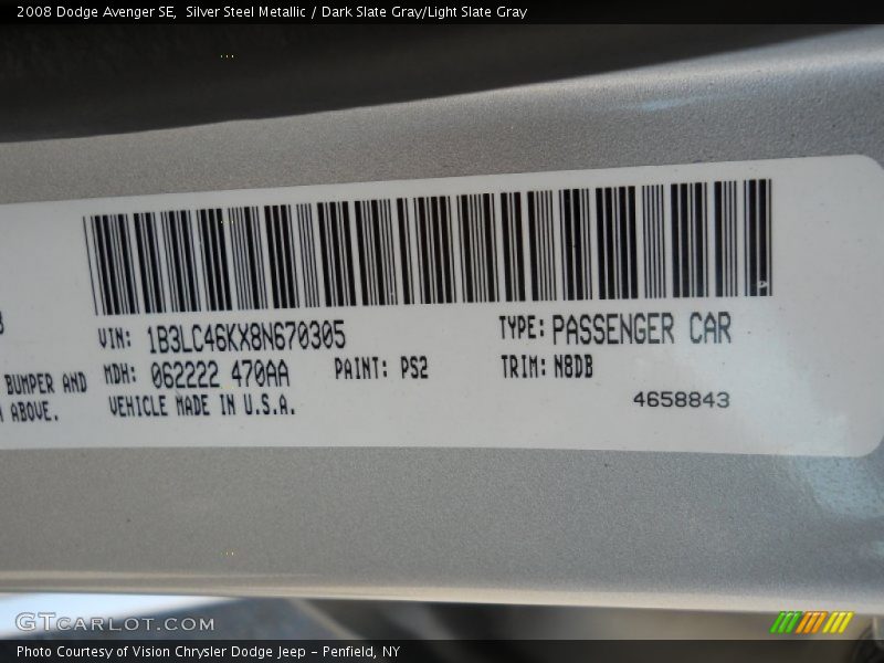 Silver Steel Metallic / Dark Slate Gray/Light Slate Gray 2008 Dodge Avenger SE