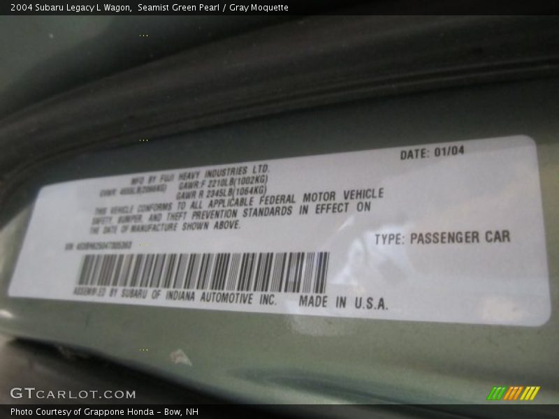 Seamist Green Pearl / Gray Moquette 2004 Subaru Legacy L Wagon