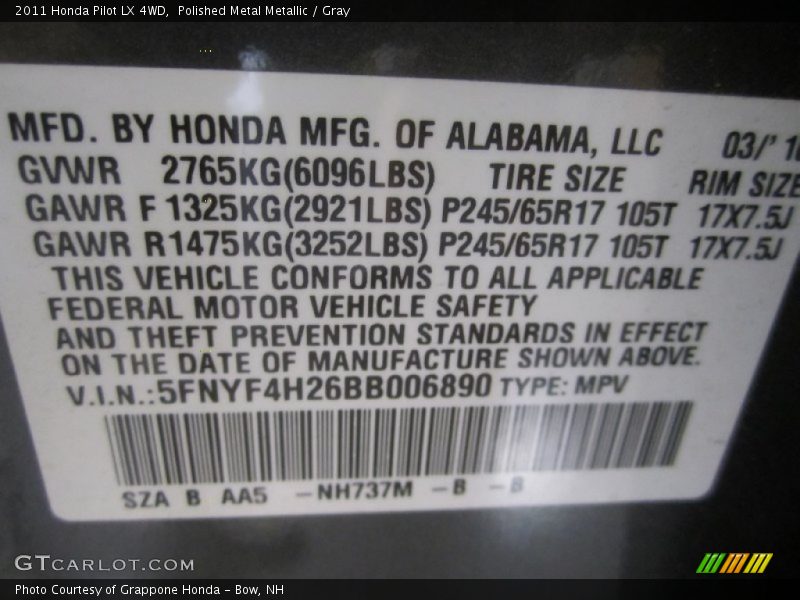 Polished Metal Metallic / Gray 2011 Honda Pilot LX 4WD