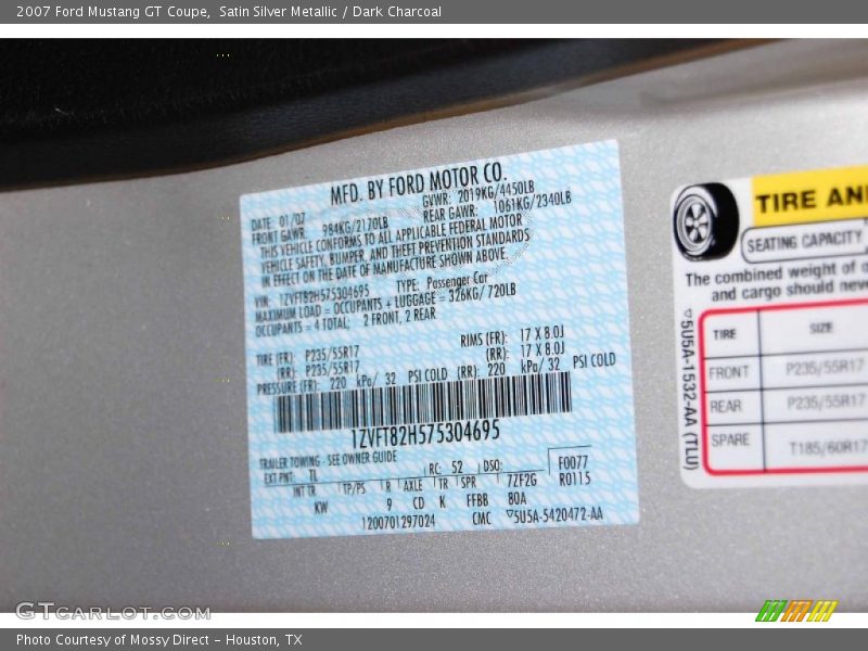 2007 Mustang GT Coupe Satin Silver Metallic Color Code TL