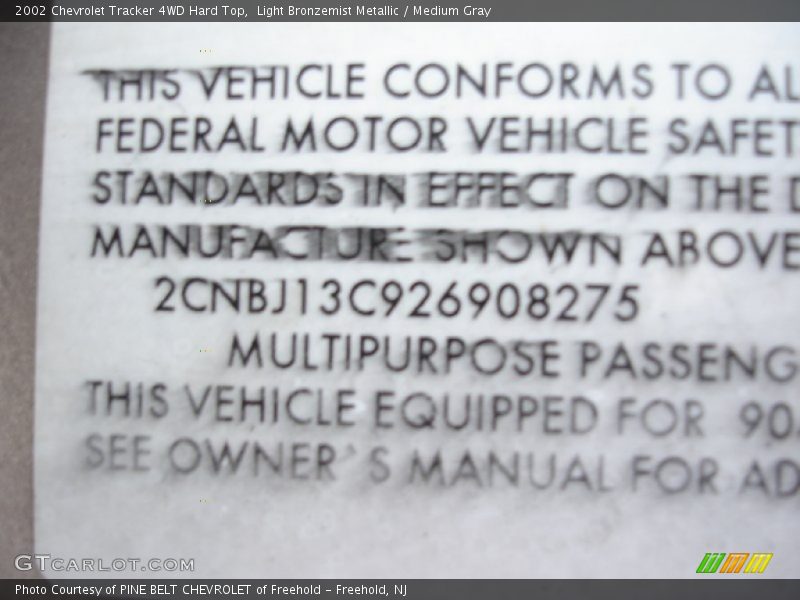 Light Bronzemist Metallic / Medium Gray 2002 Chevrolet Tracker 4WD Hard Top