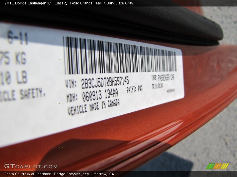 Toxic Orange Pearl / Dark Slate Gray 2011 Dodge Challenger R/T Classic
