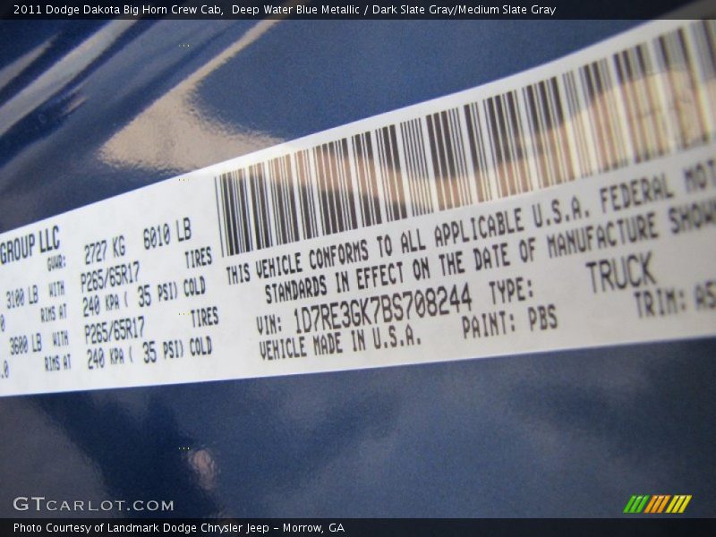 Deep Water Blue Metallic / Dark Slate Gray/Medium Slate Gray 2011 Dodge Dakota Big Horn Crew Cab