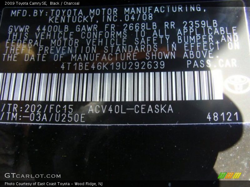 Black / Charcoal 2009 Toyota Camry SE