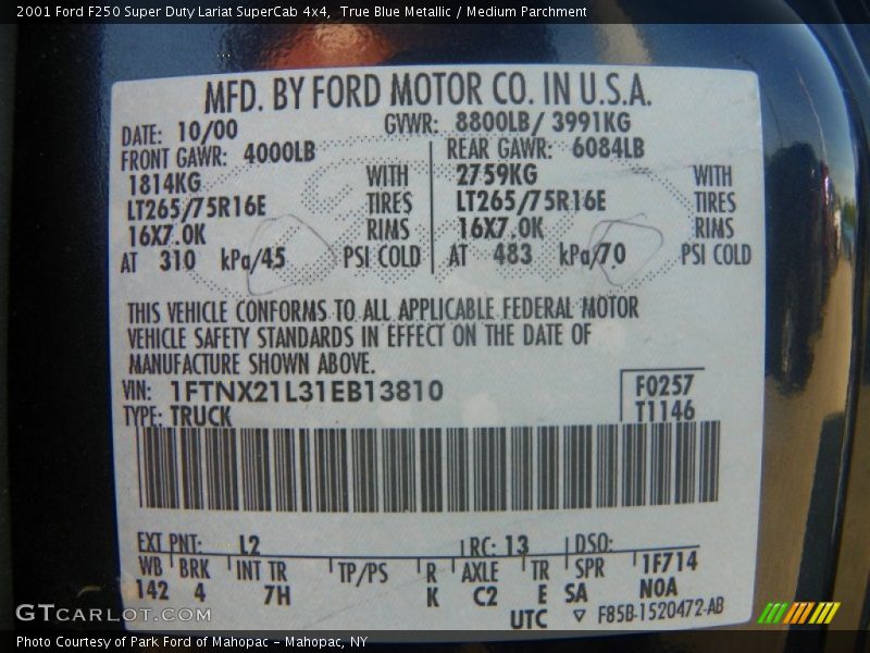 2001 F250 Super Duty Lariat SuperCab 4x4 True Blue Metallic Color Code L2