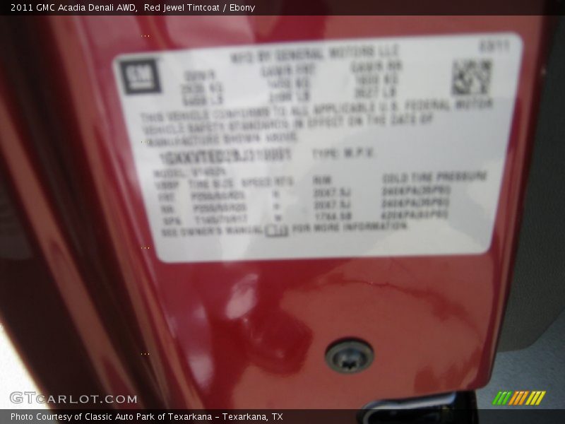 Red Jewel Tintcoat / Ebony 2011 GMC Acadia Denali AWD