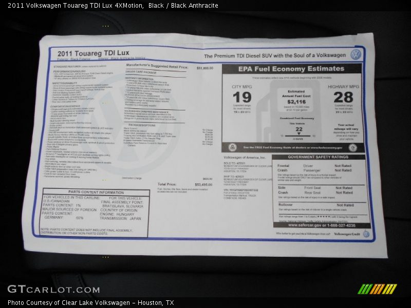  2011 Touareg TDI Lux 4XMotion Window Sticker