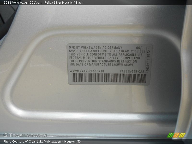 Reflex Silver Metallic / Black 2012 Volkswagen CC Sport