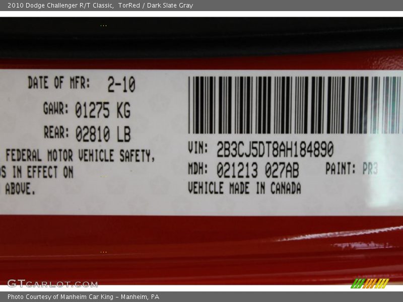 TorRed / Dark Slate Gray 2010 Dodge Challenger R/T Classic