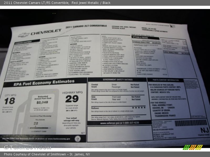  2011 Camaro LT/RS Convertible Window Sticker