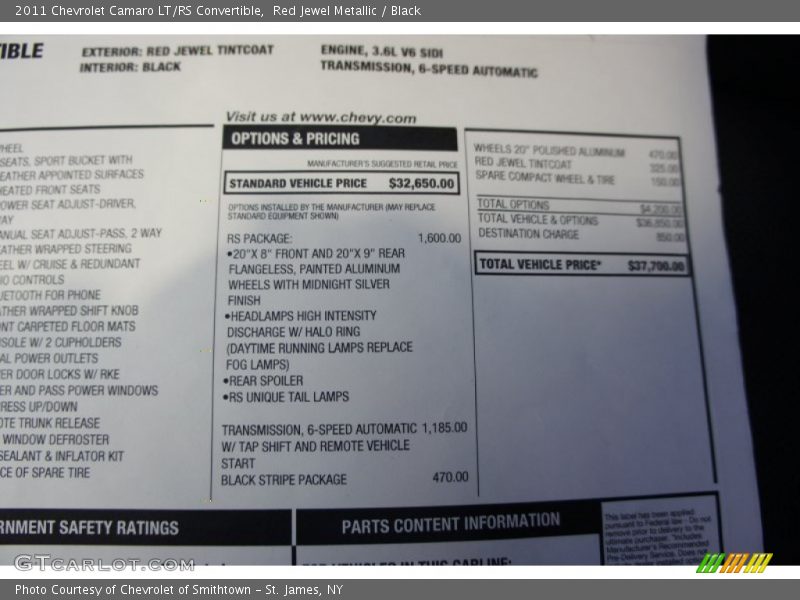  2011 Camaro LT/RS Convertible Window Sticker