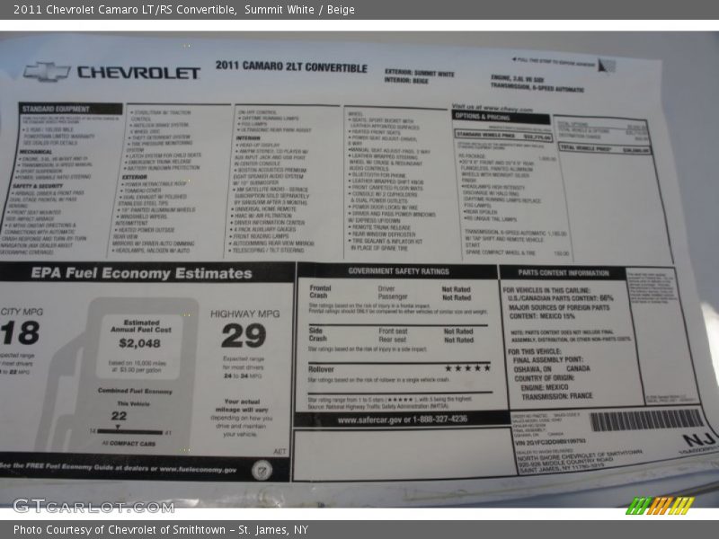  2011 Camaro LT/RS Convertible Window Sticker