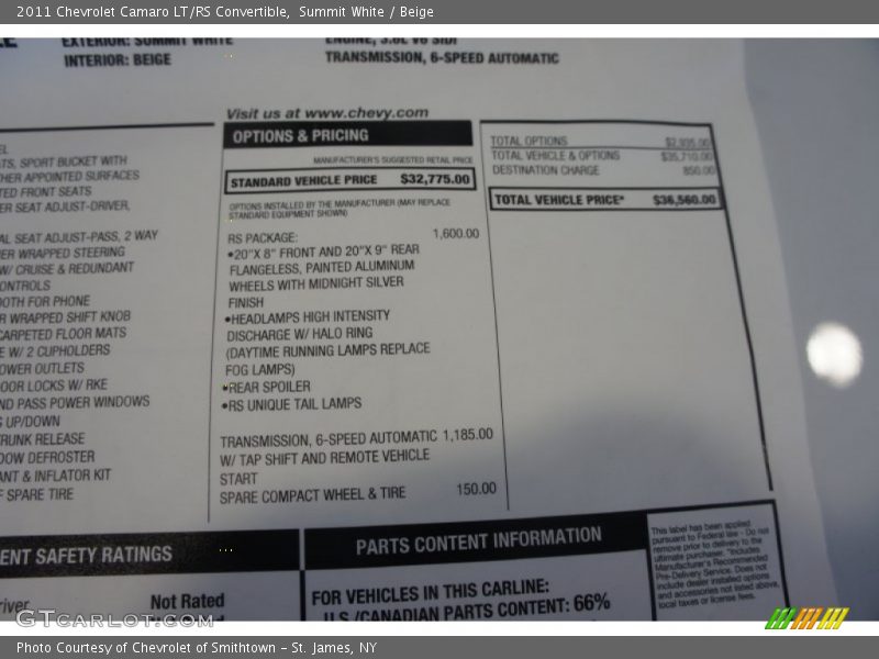  2011 Camaro LT/RS Convertible Window Sticker