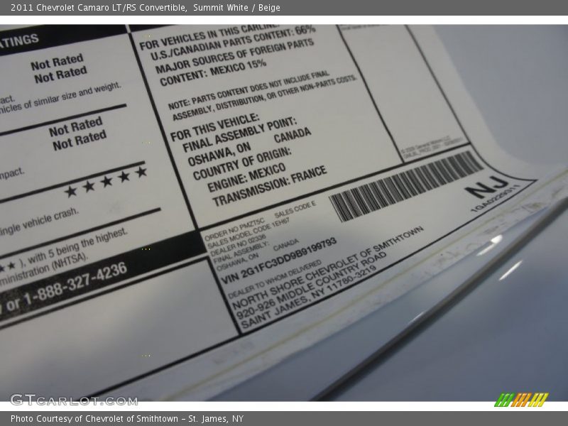  2011 Camaro LT/RS Convertible Window Sticker