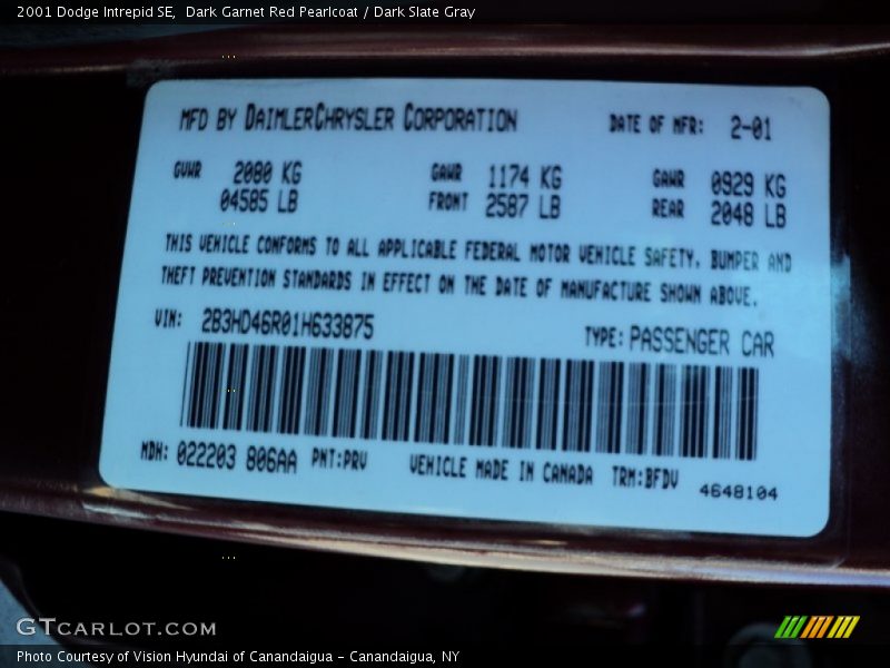 Dark Garnet Red Pearlcoat / Dark Slate Gray 2001 Dodge Intrepid SE