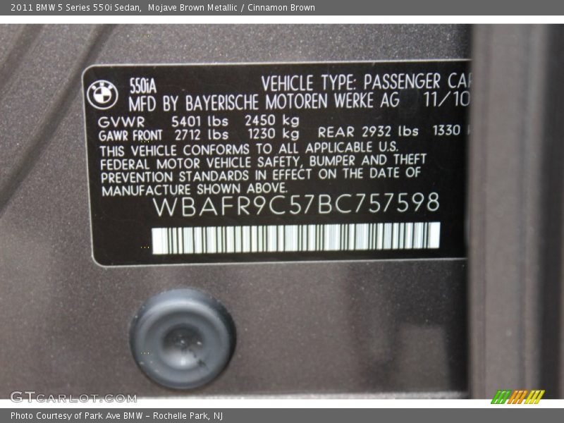Mojave Brown Metallic / Cinnamon Brown 2011 BMW 5 Series 550i Sedan