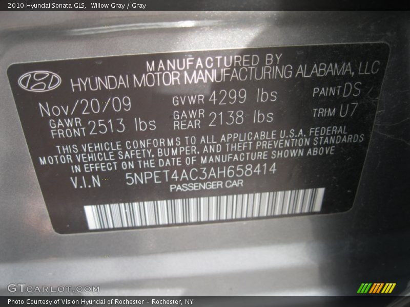 Willow Gray / Gray 2010 Hyundai Sonata GLS
