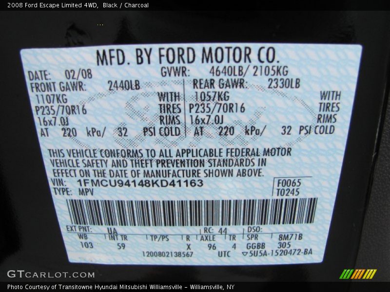 Black / Charcoal 2008 Ford Escape Limited 4WD