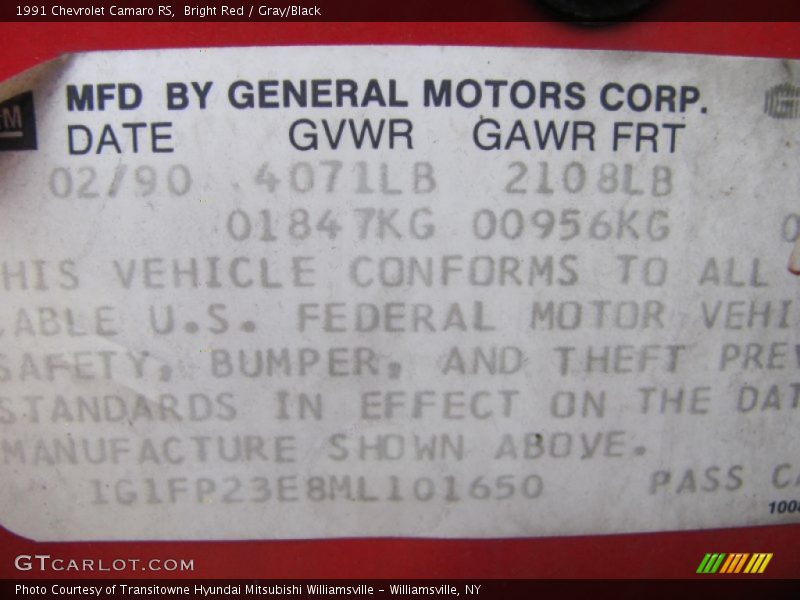 Info Tag of 1991 Camaro RS