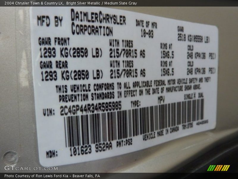 Bright Silver Metallic / Medium Slate Gray 2004 Chrysler Town & Country LX