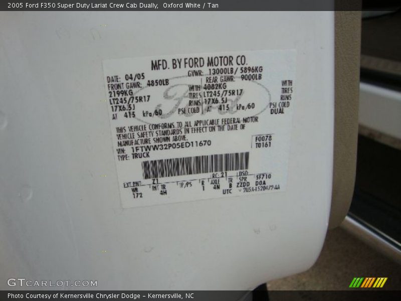 Oxford White / Tan 2005 Ford F350 Super Duty Lariat Crew Cab Dually