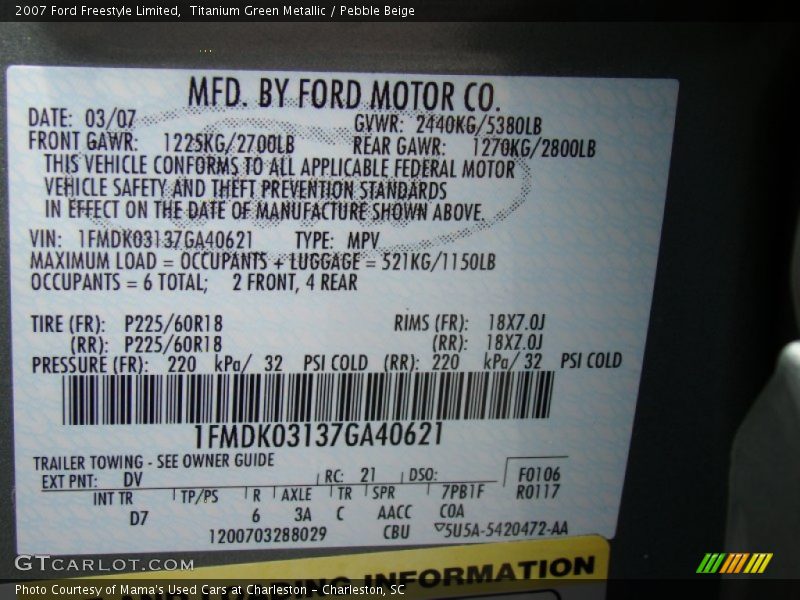 2007 Freestyle Limited Titanium Green Metallic Color Code DV