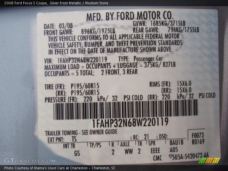 Silver Frost Metallic / Medium Stone 2008 Ford Focus S Coupe