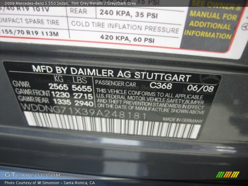 2009 S 550 Sedan Flint Grey Metallic Color Code 368