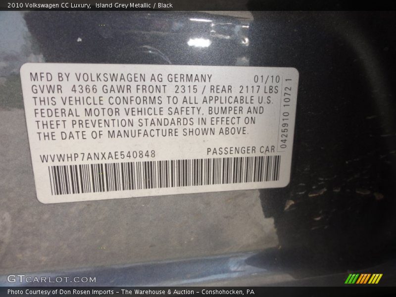 Island Grey Metallic / Black 2010 Volkswagen CC Luxury