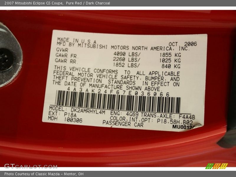 Pure Red / Dark Charcoal 2007 Mitsubishi Eclipse GS Coupe