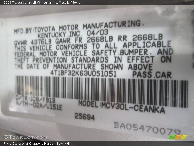 Lunar Mist Metallic / Stone 2003 Toyota Camry LE V6