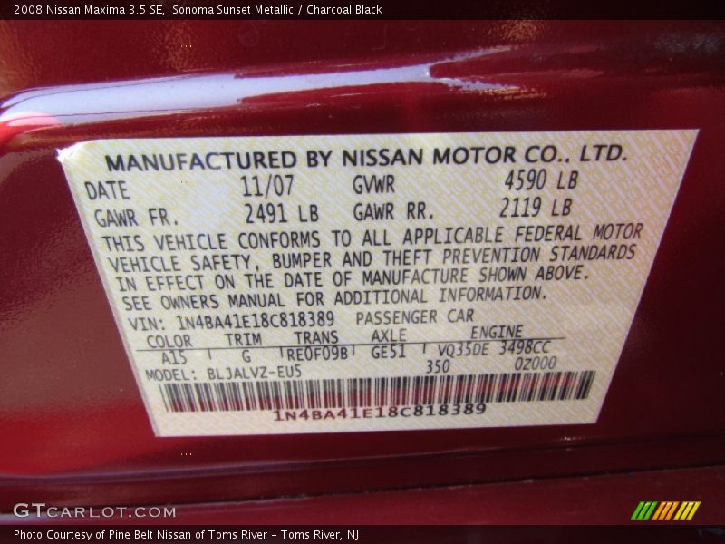 Sonoma Sunset Metallic / Charcoal Black 2008 Nissan Maxima 3.5 SE