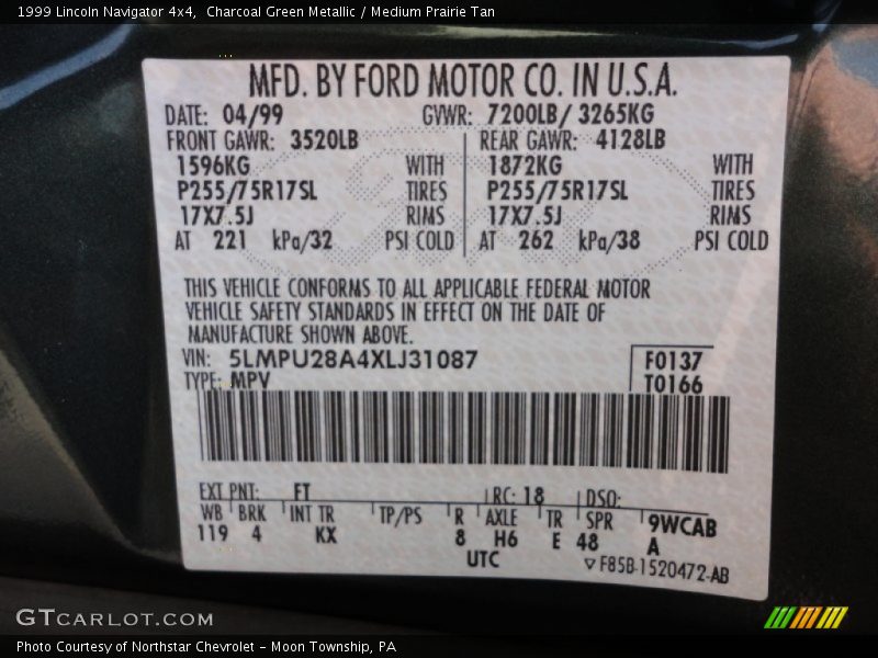 1999 Navigator 4x4 Charcoal Green Metallic Color Code FT