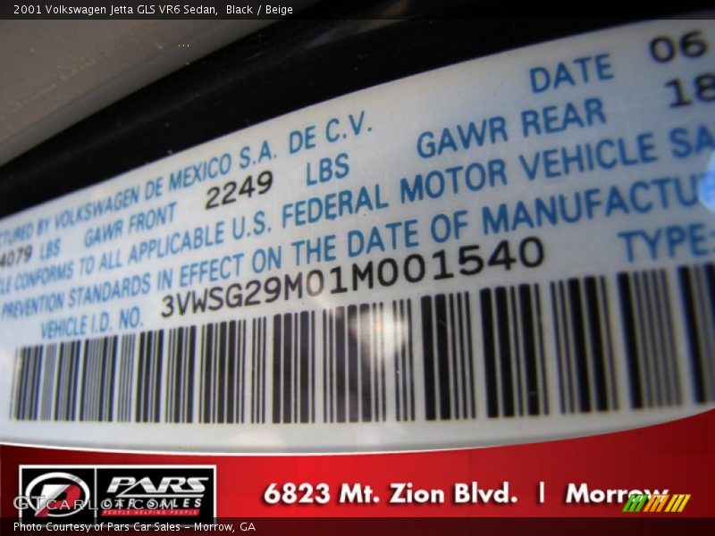 Black / Beige 2001 Volkswagen Jetta GLS VR6 Sedan