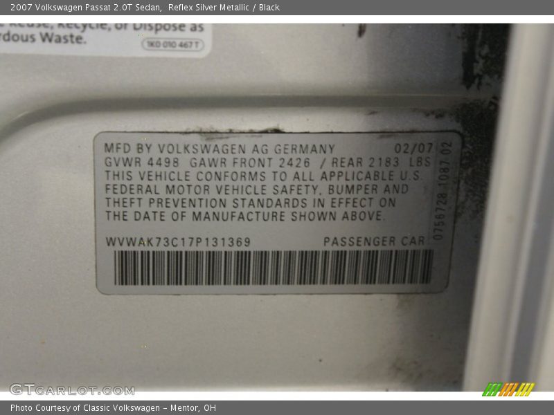 Reflex Silver Metallic / Black 2007 Volkswagen Passat 2.0T Sedan