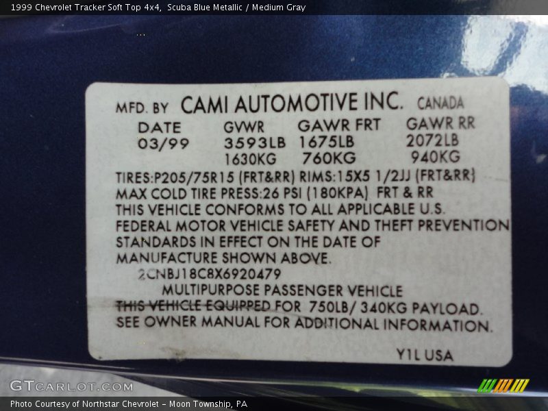 Info Tag of 1999 Tracker Soft Top 4x4
