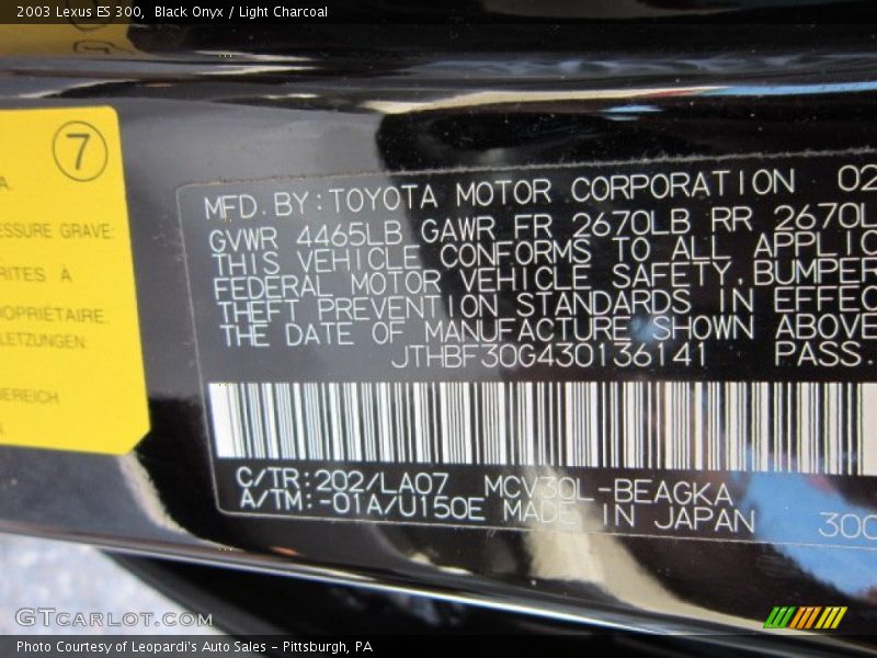 Black Onyx / Light Charcoal 2003 Lexus ES 300