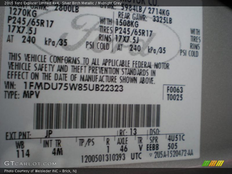 Silver Birch Metallic / Midnight Grey 2005 Ford Explorer Limited 4x4