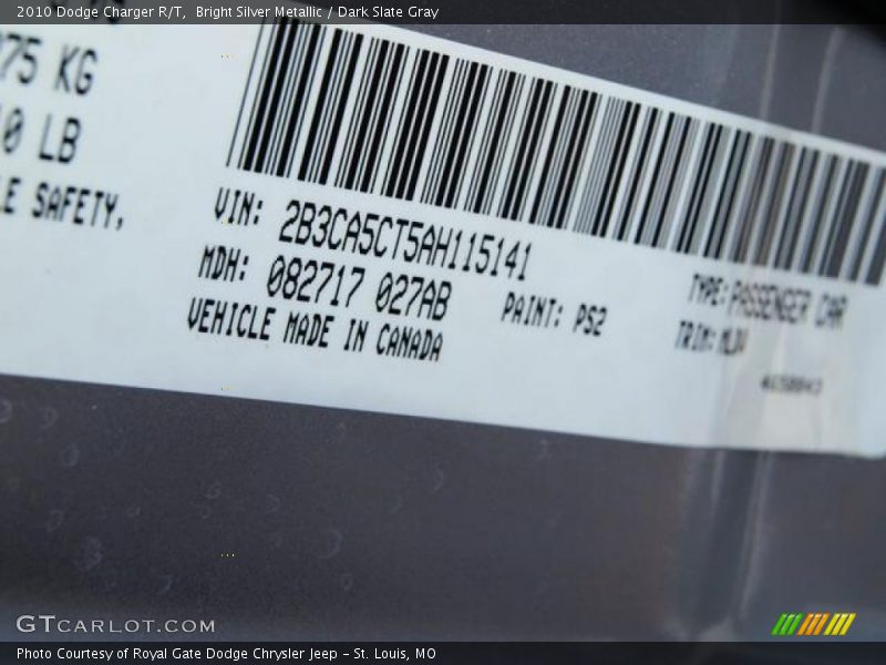 Bright Silver Metallic / Dark Slate Gray 2010 Dodge Charger R/T