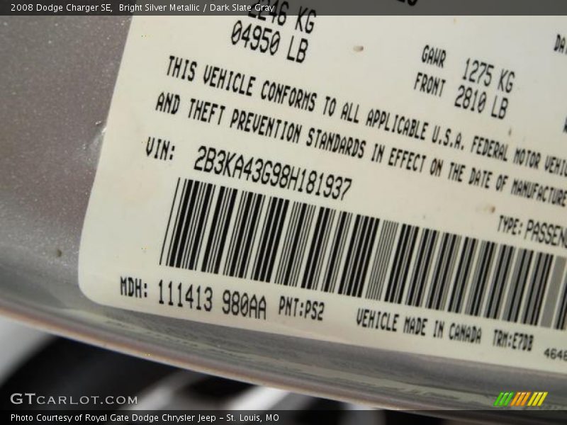 Bright Silver Metallic / Dark Slate Gray 2008 Dodge Charger SE