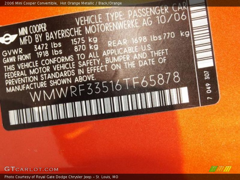 Hot Orange Metallic / Black/Orange 2006 Mini Cooper Convertible
