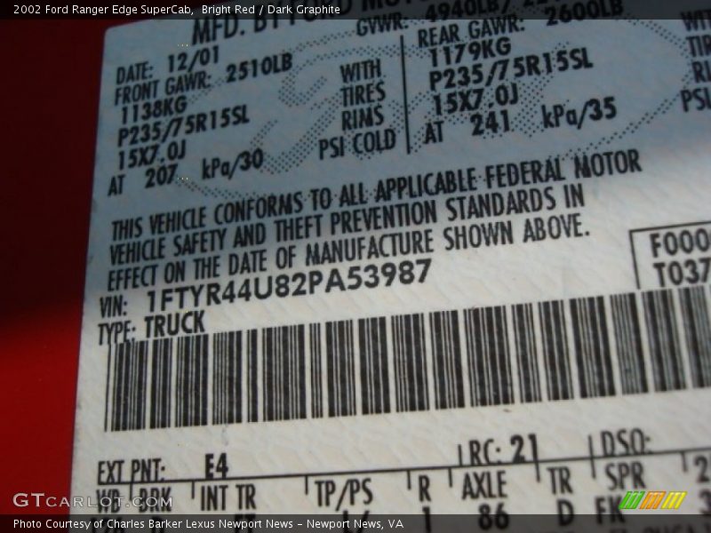 Bright Red / Dark Graphite 2002 Ford Ranger Edge SuperCab